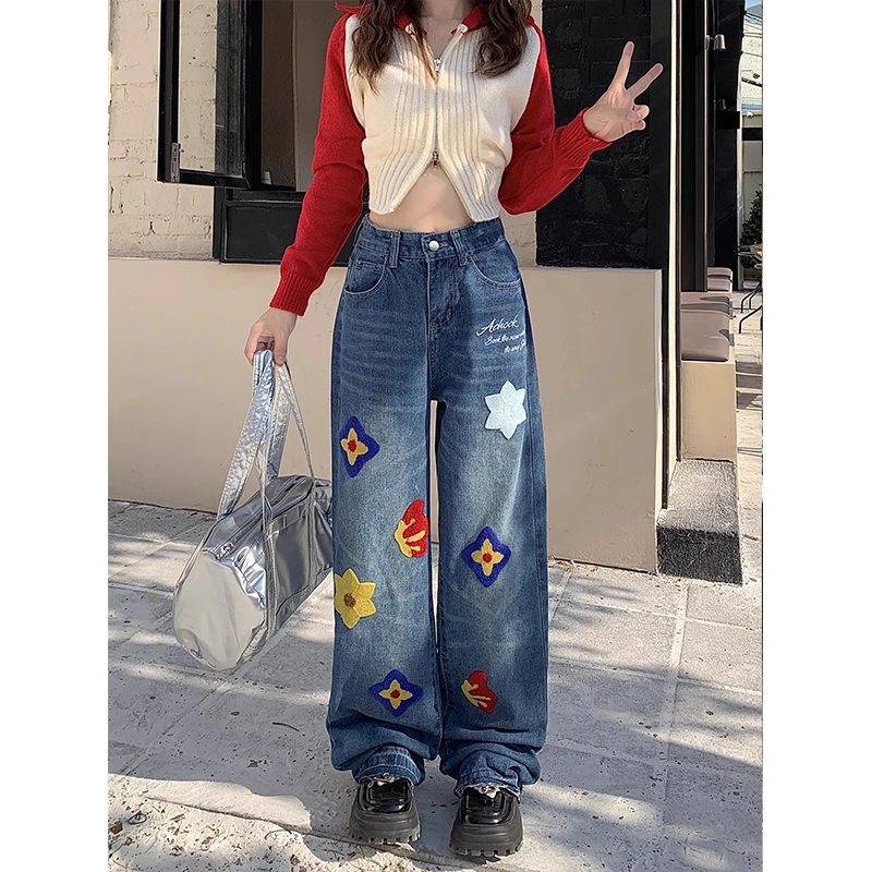 

Street Creative Letter Vintage Petal Embroidered Y2K New Jeans Woman Spring Summer Loose Straight Leg Wide Leg Washed Denim Pant