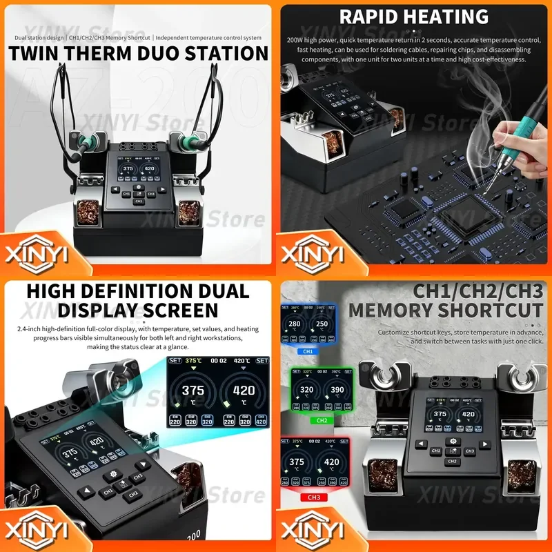 HZY AZ-200 Precision Micro Chip Rework Soldering Station, Dual Station Digital Display Temp Control for PCB Mainboard Repair