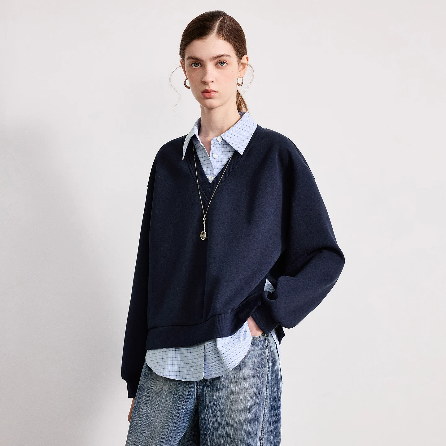 TOYOUTH Women Hoodie 2026 Spring New Splicing Plaid Fake Two-piece Lapel Smart College Style Top