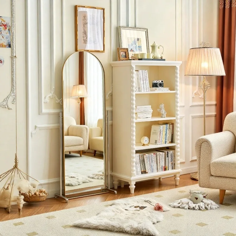 White French cream style solid wood bookshelf floor-to-ceiling storage full walnut wood living room open wall combination cabine