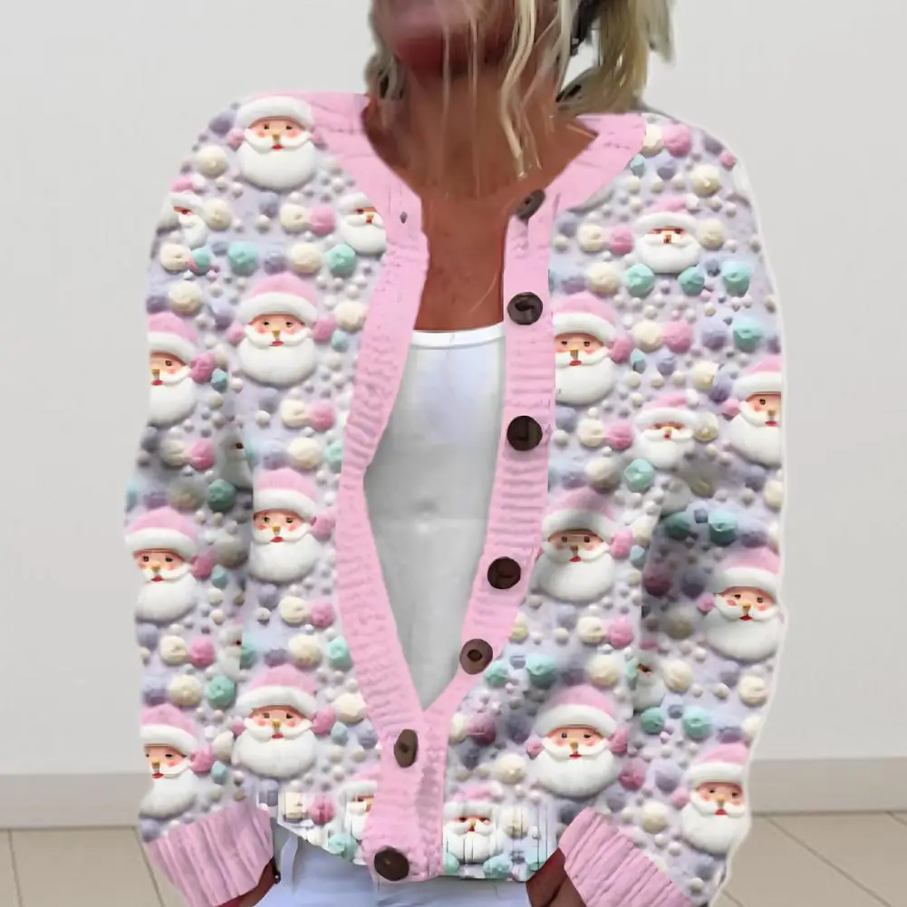 

Long Sleeve Cardigan Festive 3d Christmas Print Women's Cardigan Jacket with Single-breasted Closure Round Neck Long for Holiday