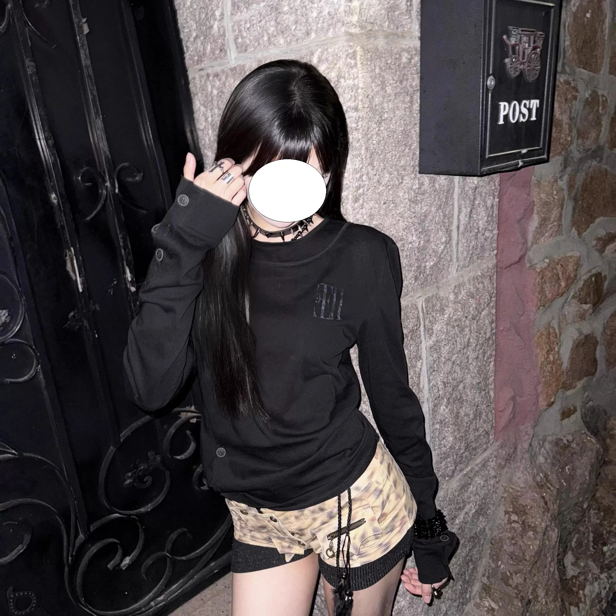 Y2K American Street Style Long Sleeve Women's Early Autumn Outfit Black Shoulder Fit Waist T-Shirt Subculture Slim Fit Top