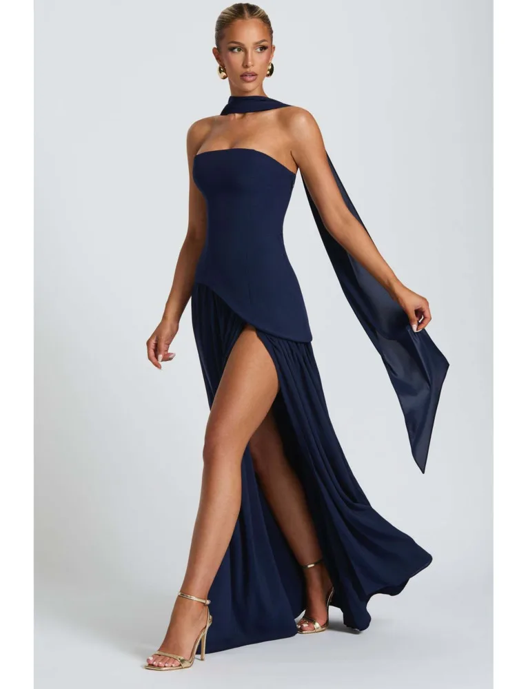 Articat élégant bretelles serré plissé fente fête robe de soirée femmes Sexy sans manches dos nu écharpe ruban été nouveau Vestido