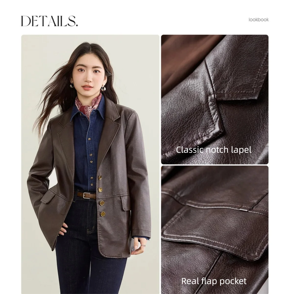 SENTUBILA Women's Coffee Pu Leather Jacket Modern Biker Style Notch Collar Coat Long Sleeve Casual Windproof Coat W53GE2747