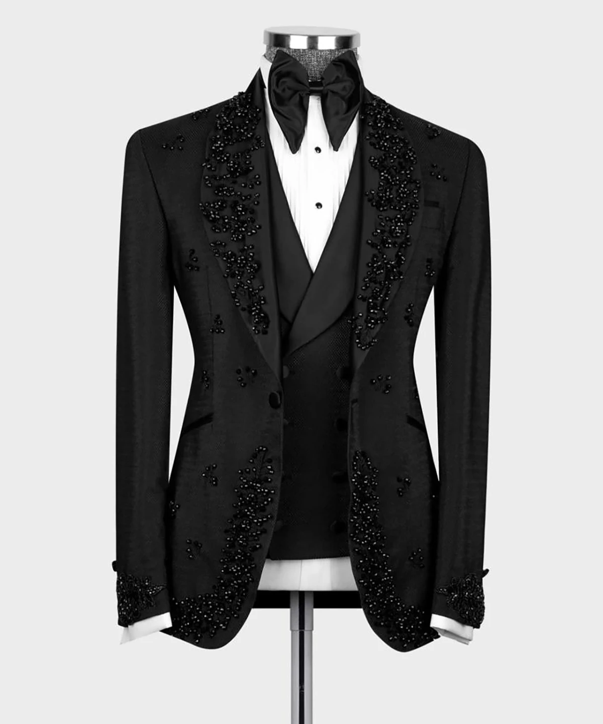 Abiti da uomo neri su misura 3 pezzi Blazer Gilet Pantaloni Un bottone Perline con risvolto trasparente Matrimonio Sposo Smoking formale Host Custom Made