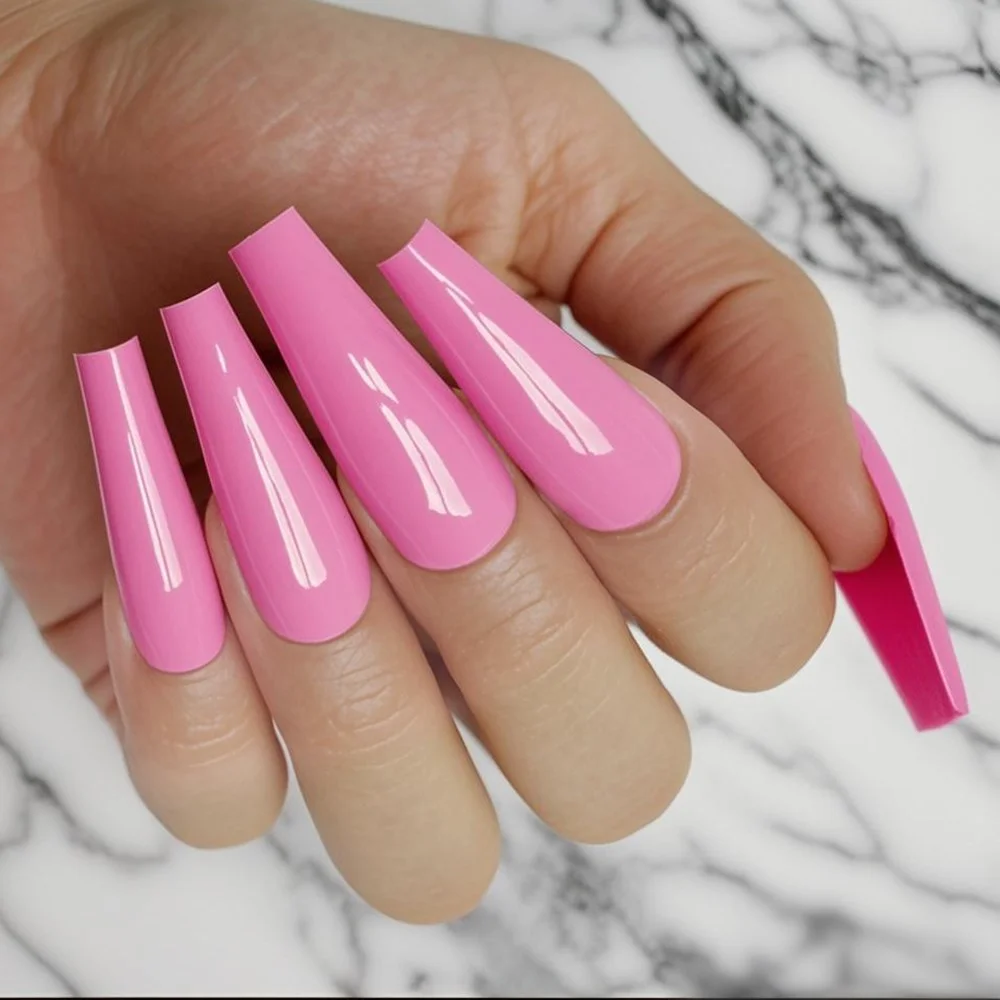 48Pcs Shiny Rose Woman False Nails With Glue Acrylic Press On Fake Nails Long Ballerina Coffin Shaped DIY Manicure Finger Tips