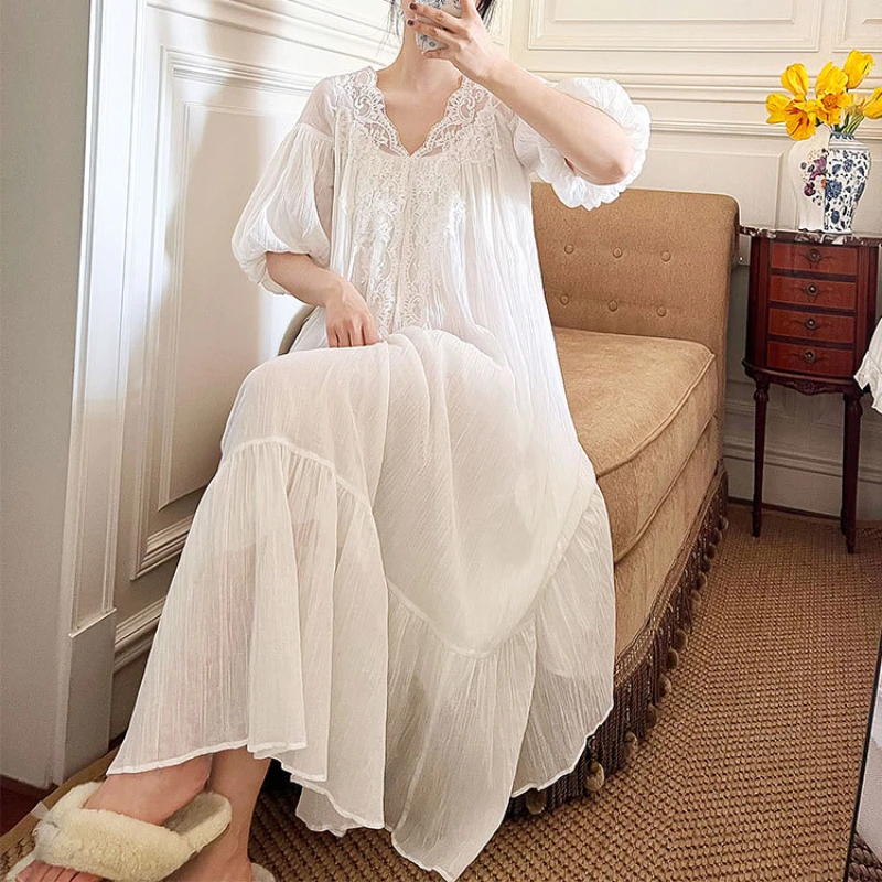 Victorian Cotton Night Dress Women Summer Fairy White Blue Sexy Lace Long Peignoir Princess Sleepwear Nightie Vintage Nightgown