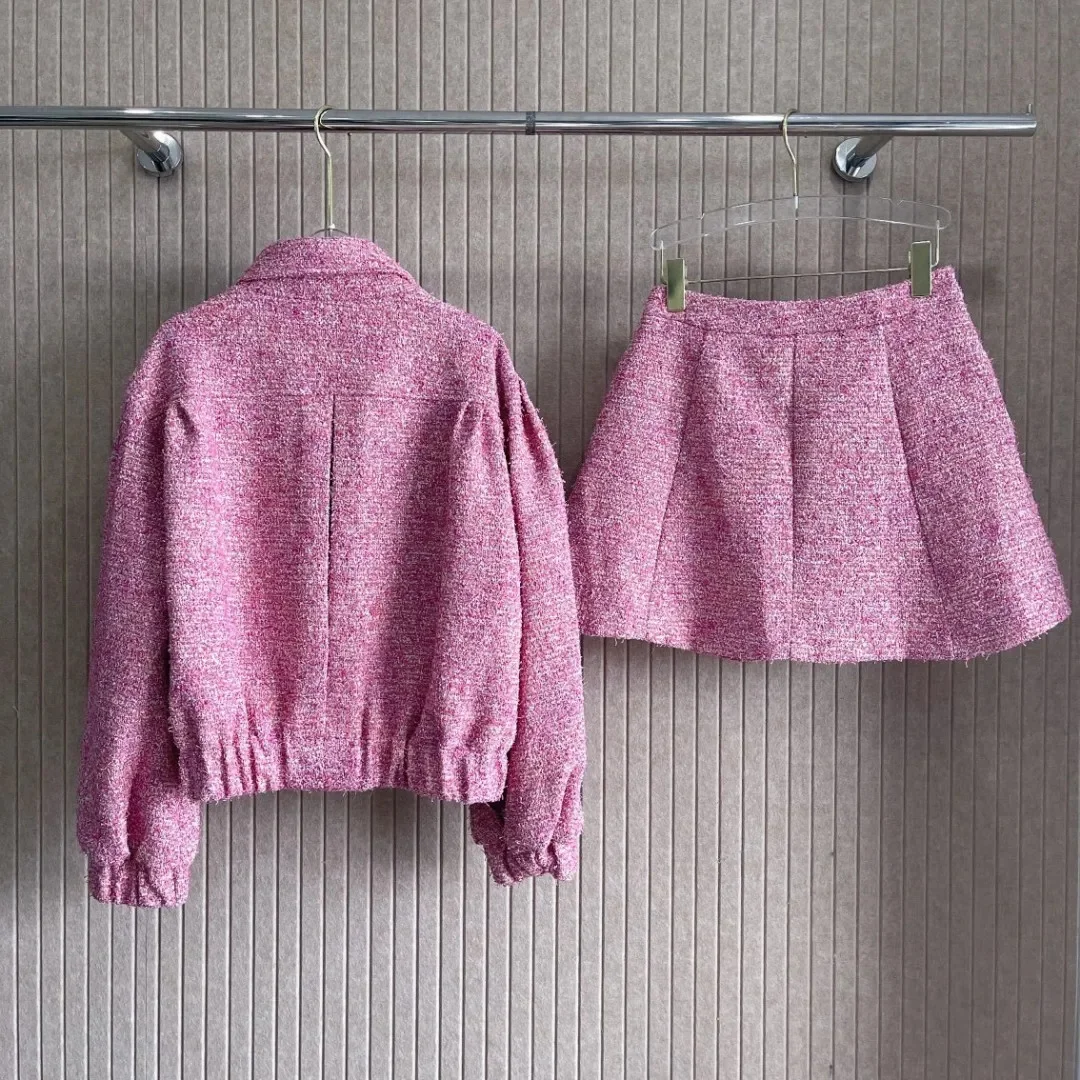 New Early Autumn Lapel Chest Pocket Decorated Woolen Coat + High Waist Casual Skirt Suit