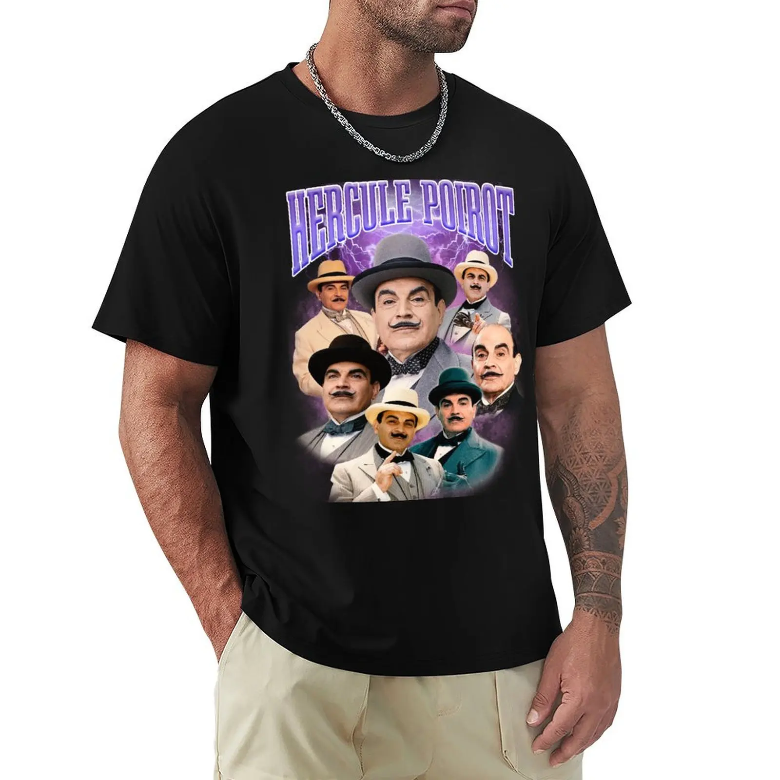Bootleg 90'S RETRO STYLE HERCULE POIROT RAP T-Shirt Big and Tall Crew Neck Tee