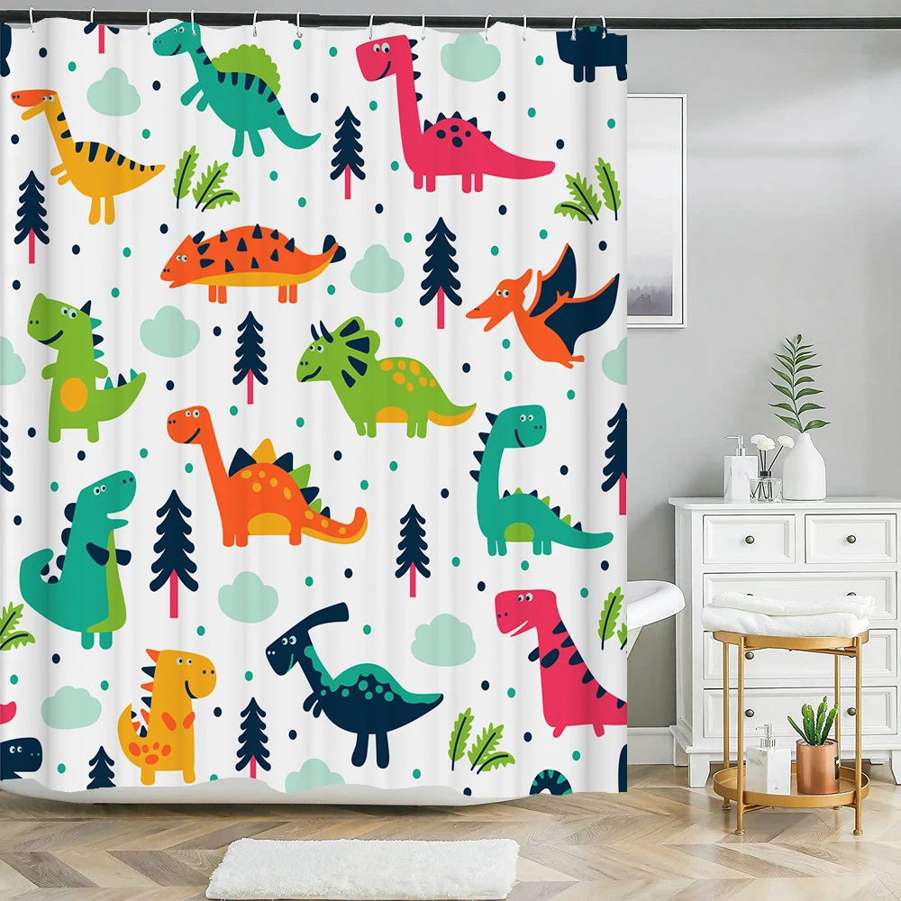 Cartoon lovely Dinosaur Printed Shower Curtain Set Waterproof Polyester Non-Slip Mat Rug Carpet Toilet Seat Cover Bathroom Decor