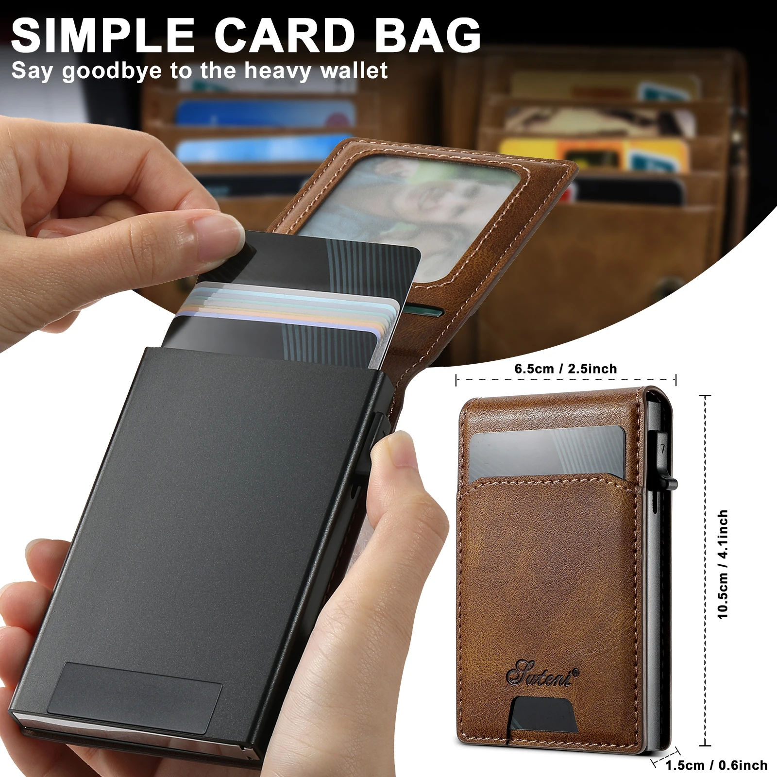 Magnetic Retro Wax Metal Leather Card Holder Multi Card Slots Button Box Pressing The Button Automatically Ejects The Cards