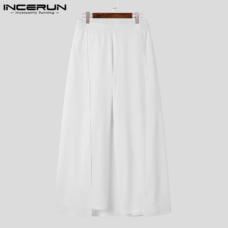 INCERUN 2024 Men Pants Loose Elastic Waist Streetwear Solid Color Wide Leg Trousers Men Translucent Casual Irregular Pants S-5XL