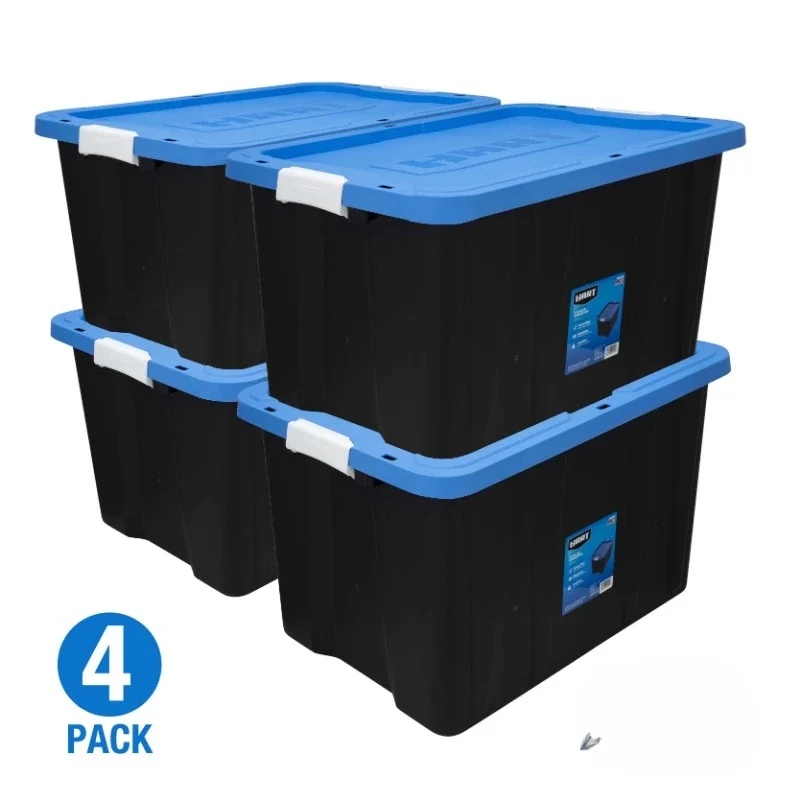 27 Gallon Heavy Duty Latching Plastic Storage Bin Container, Black, Set of 4