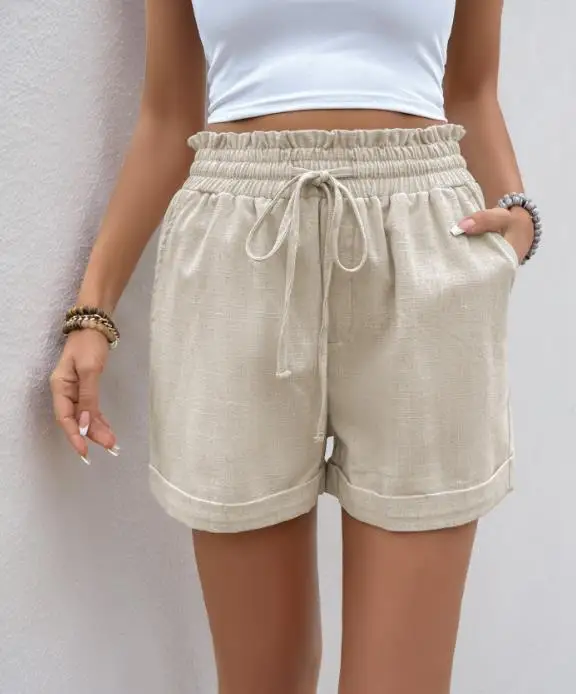 

2026 Summer New Women's Fashion Casual Lace up Elastic High waisted Pants Linen Shorts Women's Wear