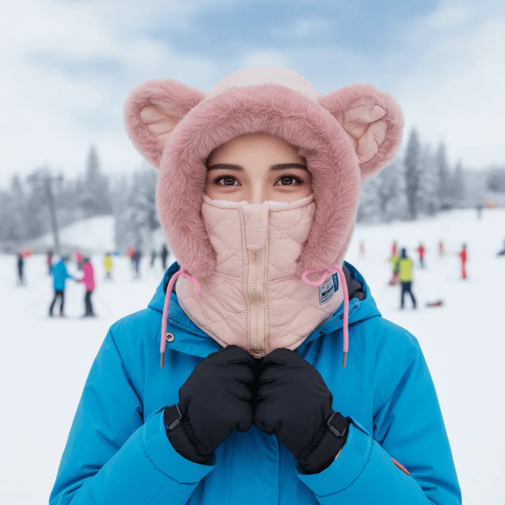 Thick Plush Hooded Scarf Hat Full Coverage Fleece Lined Unisex Balaclava Elastic Fit Zipper Closure Winter Face Mask Adults