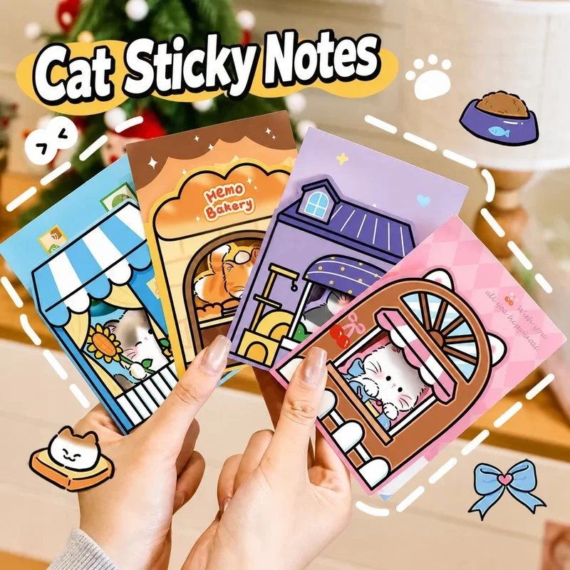 3pc random Cute Cartoon Cat Window Design Self-Adhesive Sticky Memo Pad 30 Sheets Decorative Notepad for School Office Suppliers