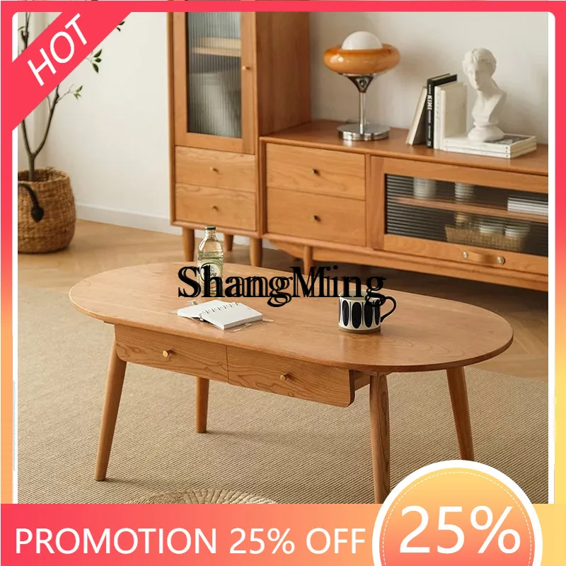 

SM wood small apartment simple log wind small coffee table cherry wood living room with drawer tea table