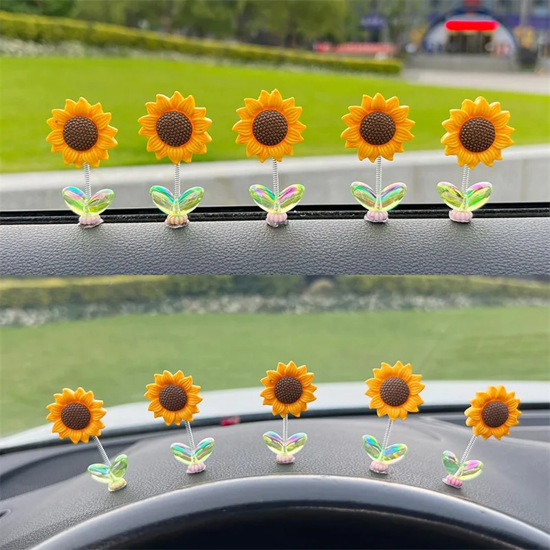 5PCS Net Red Cute Shaking Head Sunflower Car Decoration To Heal Fresh Flowers Car Center Console Rearview Mirror Decoration