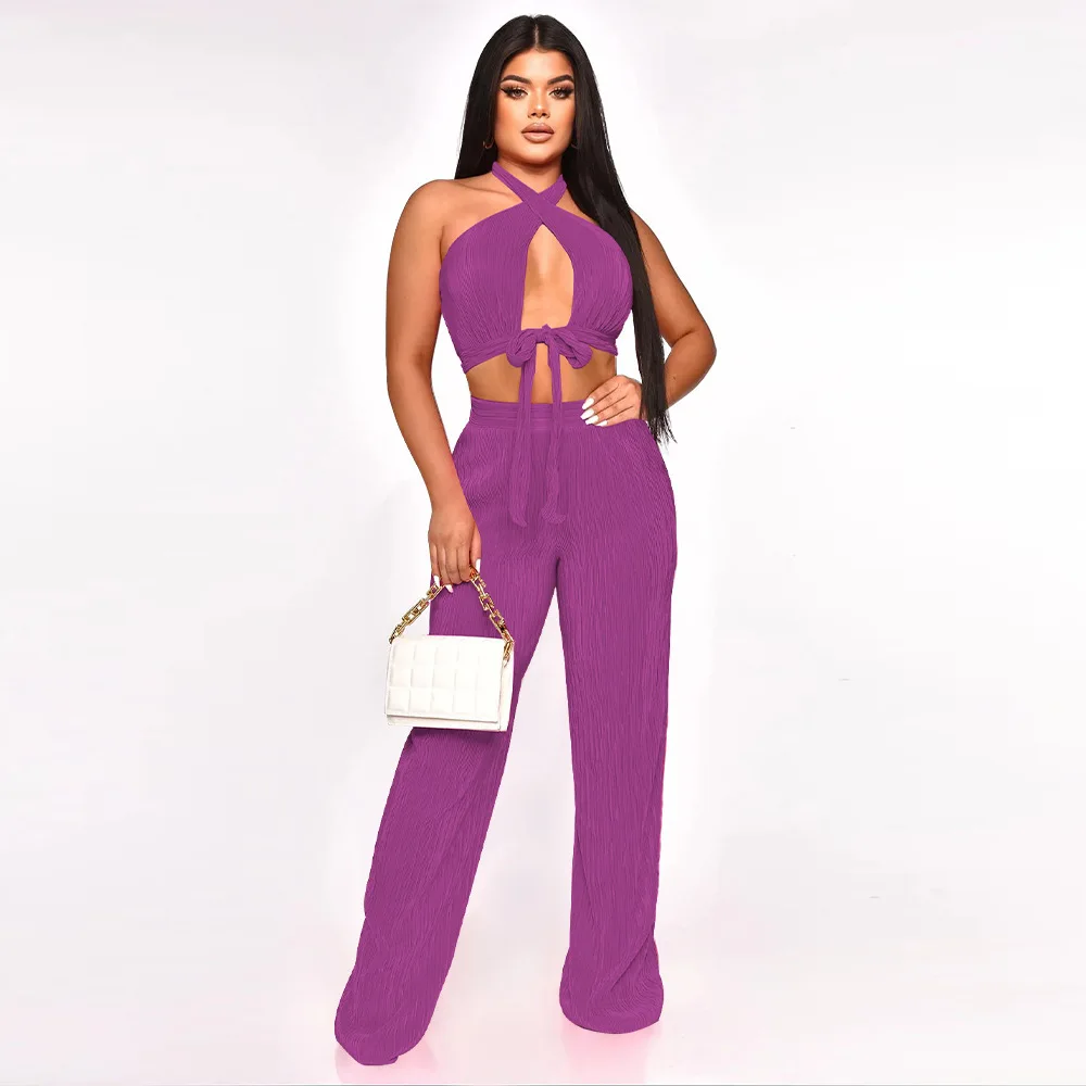 Women Solid Color 2 Piece Set Halter Crop Top and Pleated Wide-Leg Pants Casual Elastic Lady Streetwear