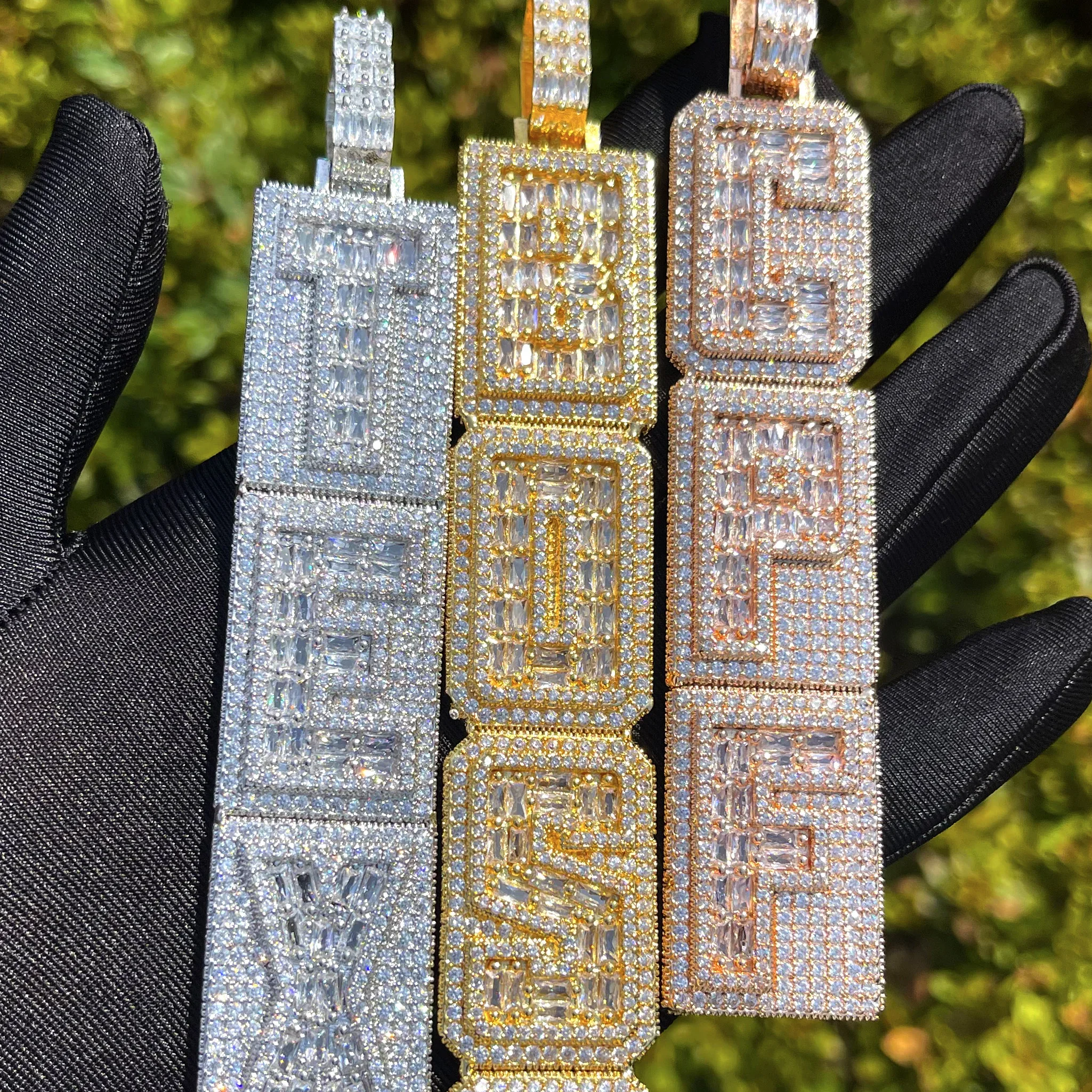 TOPGRILLZ Custom Name Vertical Letter Pendant Baguette CZ Iced Out Charm Hip Hop Necklace Jewelry Men Women