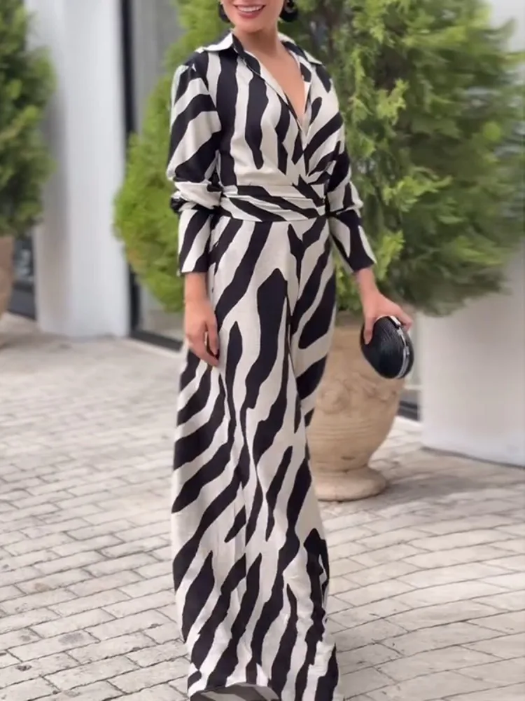 Tute da donna con risvolto a gamba larga stampate zebrate alla moda, maniche lunghe, vita alta, tute da festa per ufficio alla moda urbana