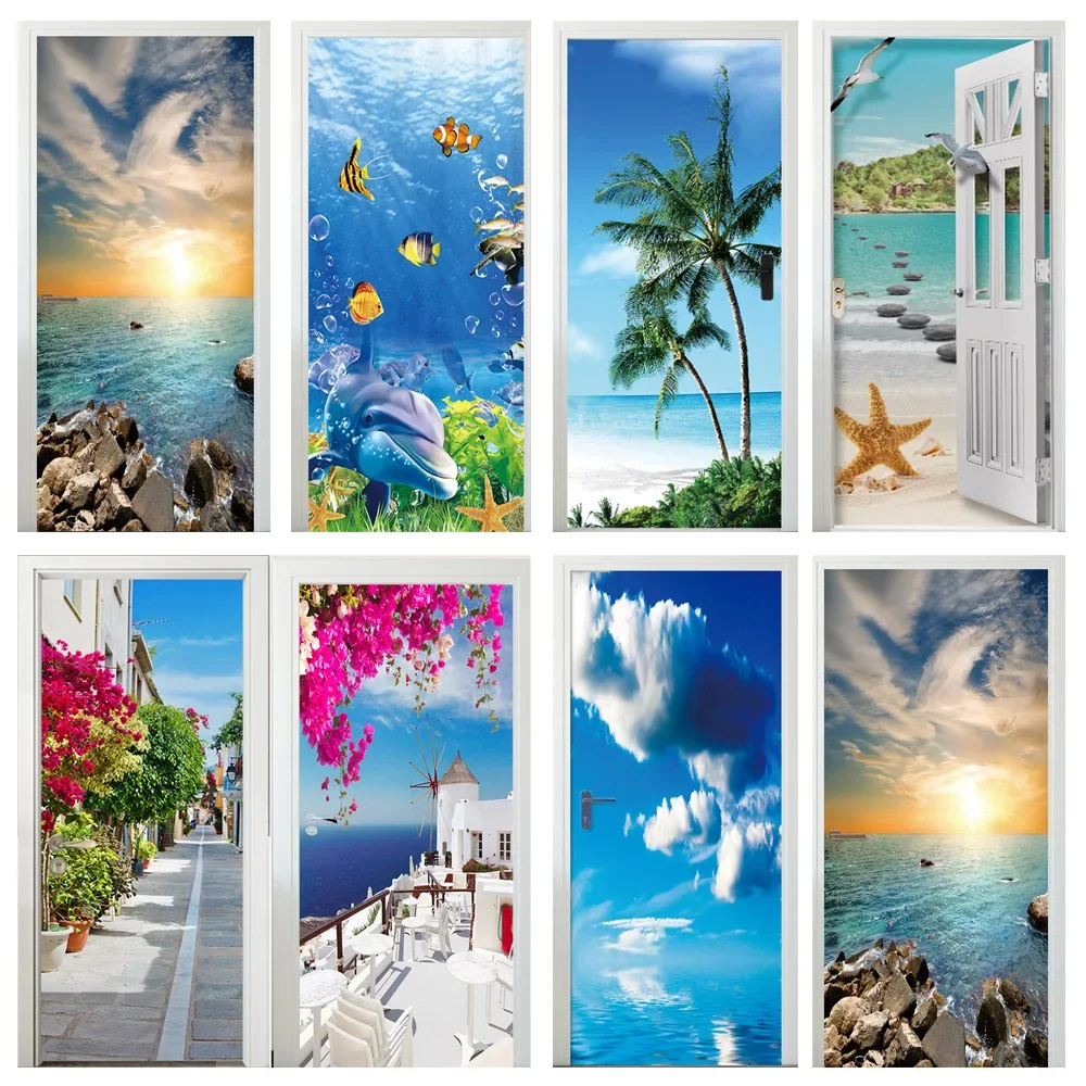 

Seascape Beach Sea Door Sticker Wallpaper Custom Poster 3D Island Mural Bedroom Decor Self-adhesive Stickers Doors Covering