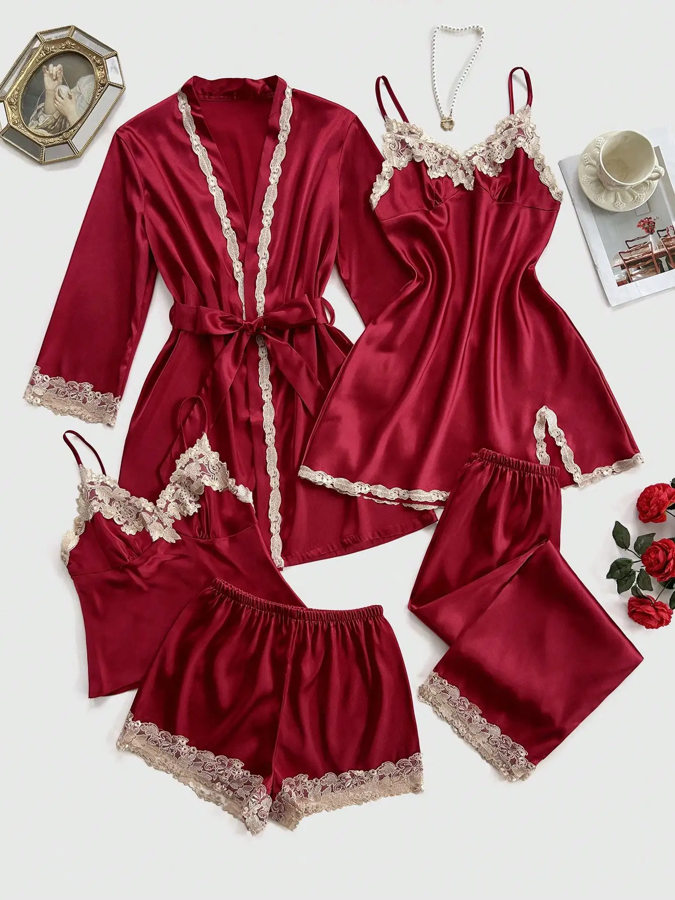 

Burgundy Satin Lace Trim 5-Piece Sleepwear Set with Robe, Camisole, Shorts & Pants