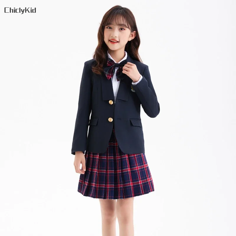 Children School Uniform Girls Japanese British Jacket Plaid Skirts Pants Boys Formal Dress Blazers Suits Kids Clothes Class Sets