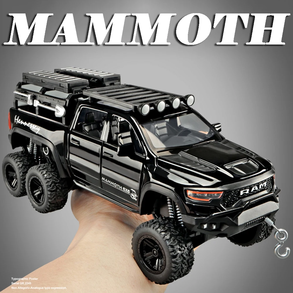 1:32 장난감 모델 RAM 맘모스 6x6 자동차 합금 다이캐스트 오프로드 차량 소리와 빛 풀백 도어 오픈 자동차 장난감 어린이 선물