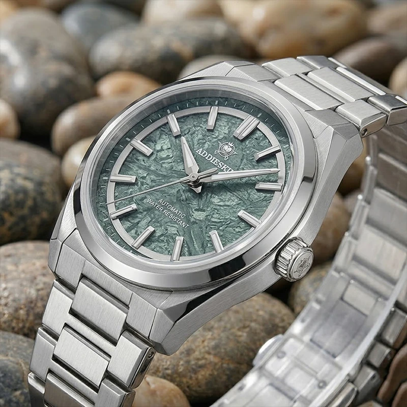 ADDIESKIN K006 Reloj automático Miyota 9015 con esfera de titanio cristalizado verde, resistente al agua hasta 200m, BGW9, reloj de vestir luminoso azul para hombre