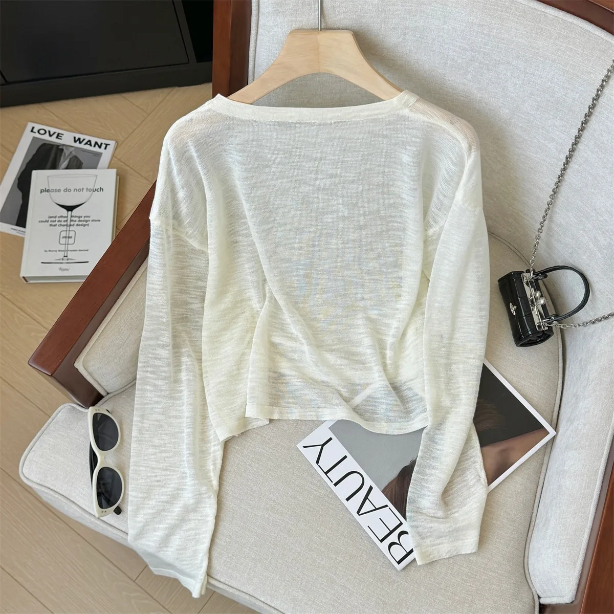 Damen Sexy Transparentes Crop-Top mit Kordelzug und Langen Ärmeln, Sonnenschutz-Überwurf, Trendige Casual Bluse in Petite-Größen – Detail 17