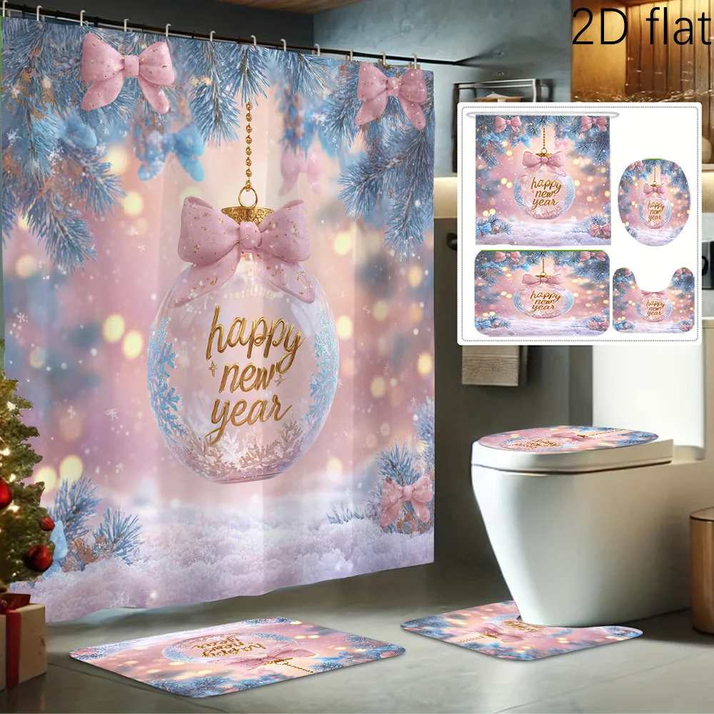 

2Dflat 4pcs Happy New Year Decorative Ball Print Shower Curtain Set, Bathroom Accessories Kit Includes Shower Liner, Non-Sli
