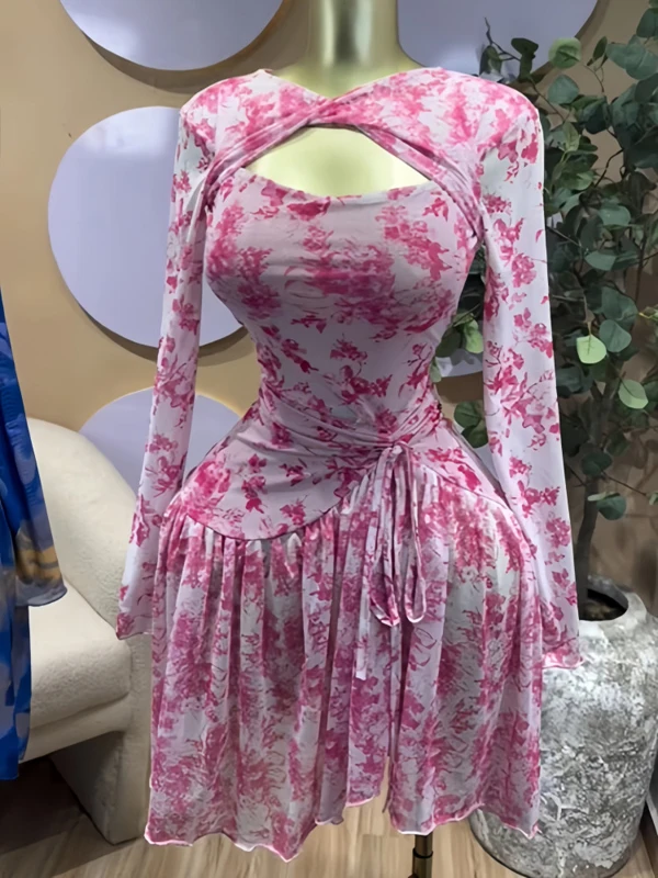 JENYAGE Damen Sexy Blumen-Mesh-Bodycon-Midikleid mit Kreuzausschnitt am Hals, Langen Ärmeln, Wickel- und Taillenbund, Rüschensaum, Cocktailkleid – Detail 2
