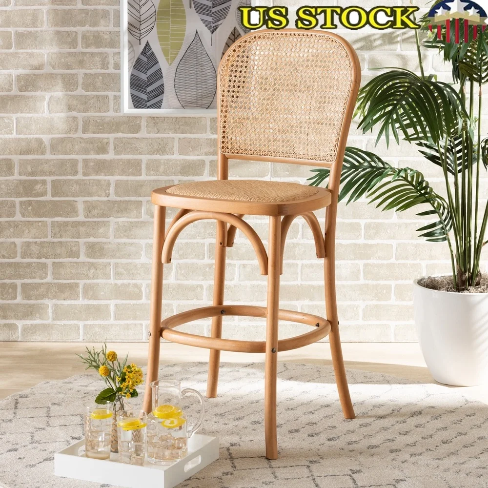 Taburete de Bar con asiento de ratán Natural, marco de madera maciza, diseño apilable, totalmente ensamblado, muebles de salón cómodos de alta estabilidad