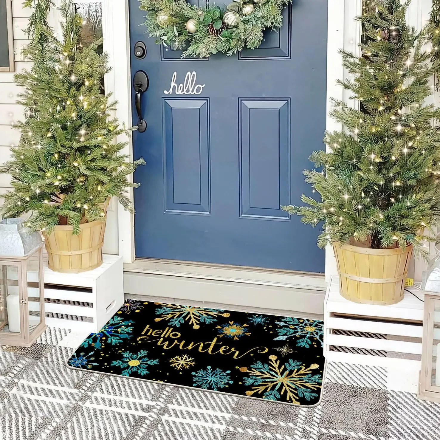 

VIKAMA Blue Gold Snowflake Print Pre-Christmas Decoration Welcome Doormat Indoor Outdoor Carpet Christmas Seasonal Holiday Decor