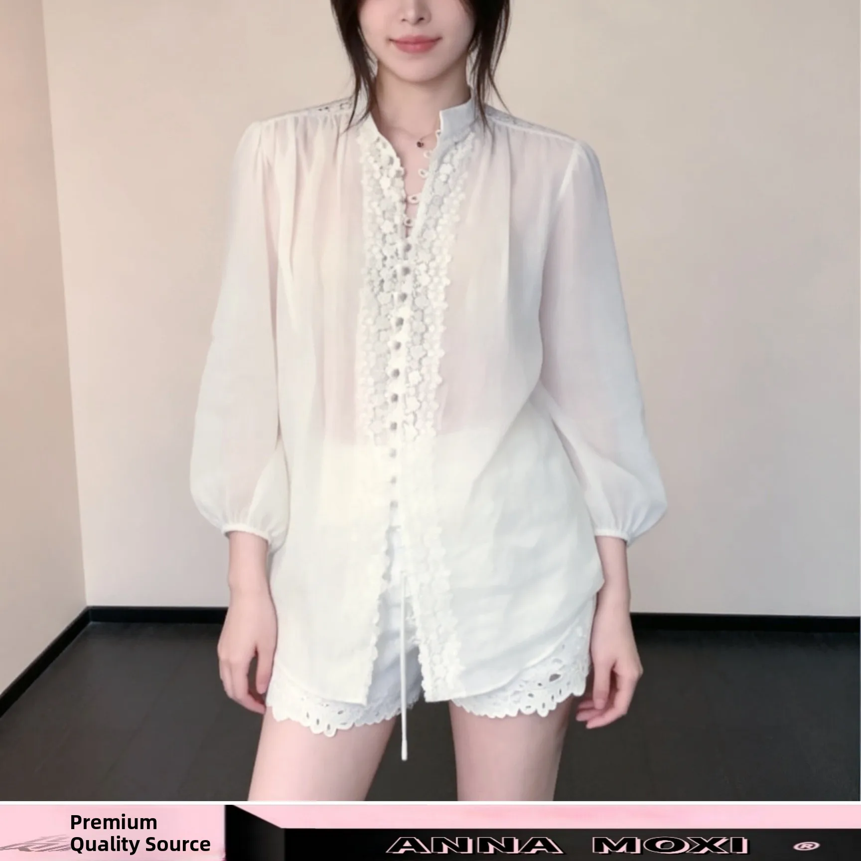 French Style Loose Fit Lace Trimmed A-Line Shirt Women's Summer Cotton Linen Stand Collar 3/4 Sleeve Breathable Top