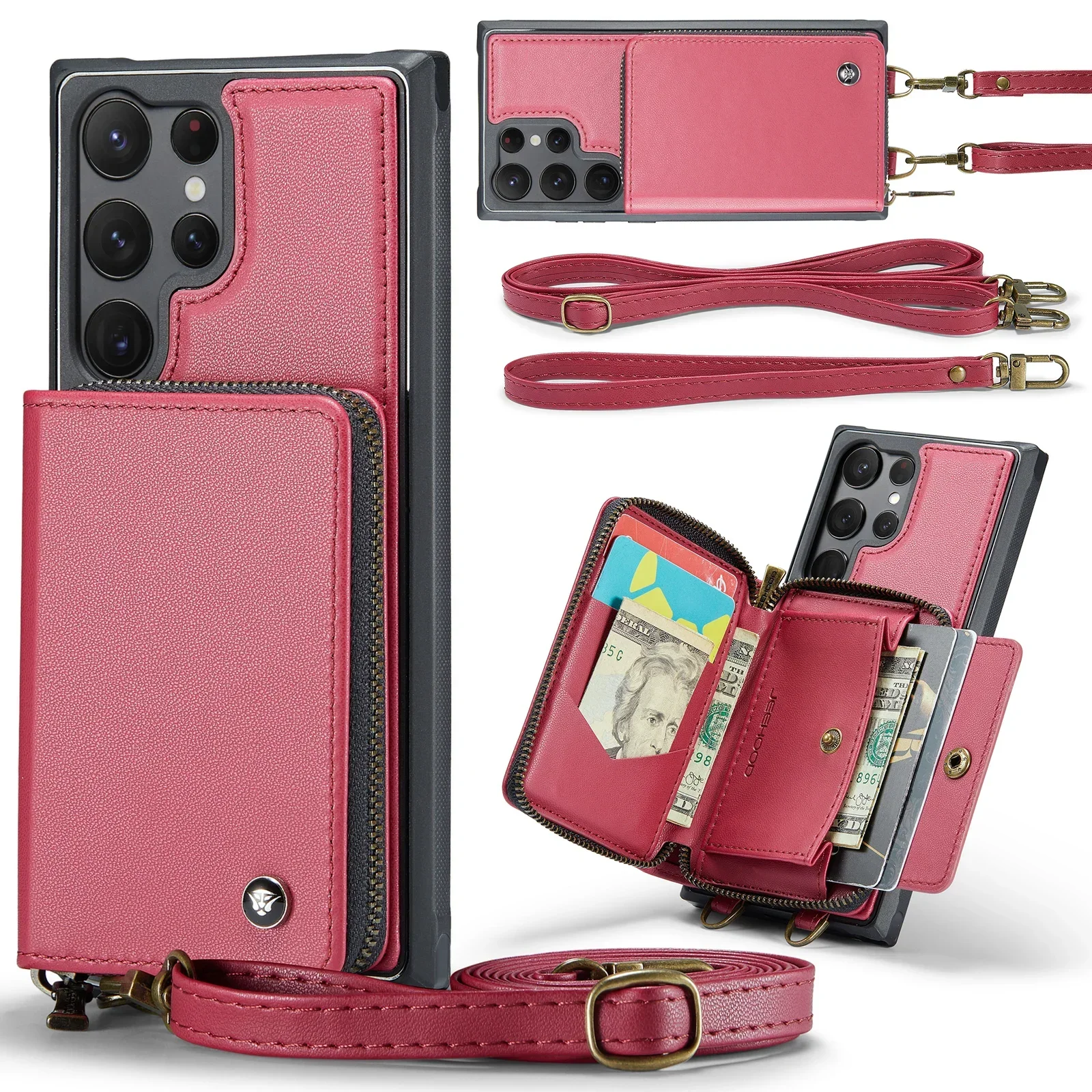 

For Samsung Galaxy S23 S22 S21 Ultra Plus Case Zipper Cards Wallet Holder PU Leather Crossbody Necklace Lanyard Shockproof Cover