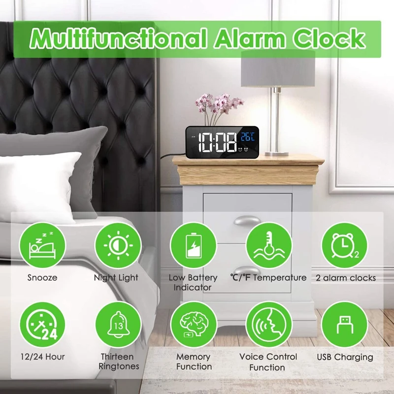 Alarm Clock Mains Powered, Digital Clock Battery Powered With Temperature Display, Snooze, Dual Alarms For Bedroom