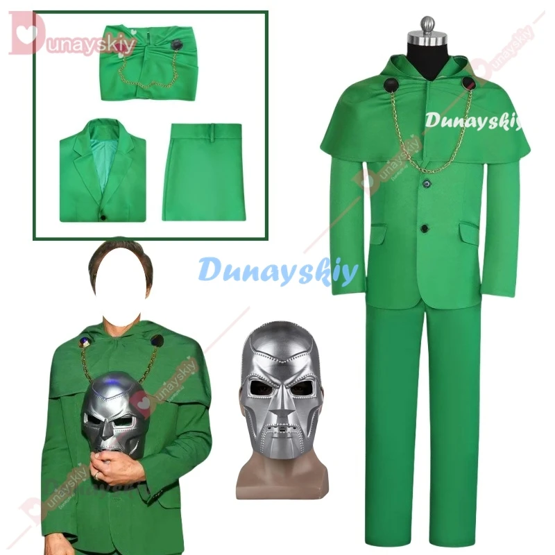 Comic Film Victor Doctor Cosplay Dooms Evil Ecientist Costumes Mens Green Suit Cape Halloween Party Roleplay Fancy Outfit