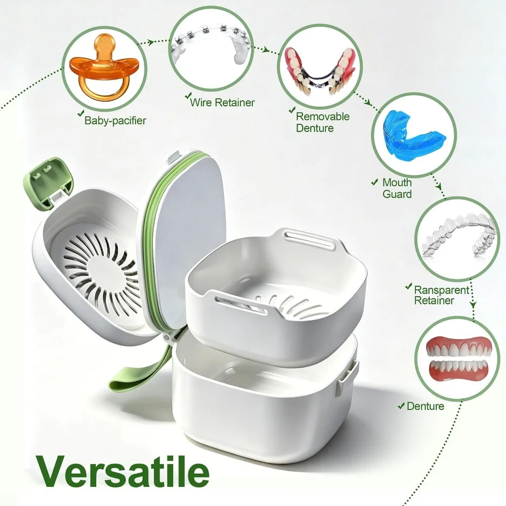 Leak Proof Denture Case with Strainer Basket Breathable Retainer Case Magnetic Mirror Two Layer Denture Bath Case