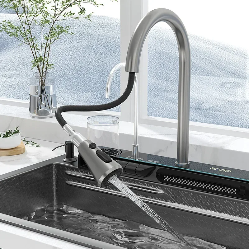 Waterfall Nano 304 Stainless Steel Dish Sink With Digital Display, Large Single Sink, Kitchen Sink, And Cup Washing