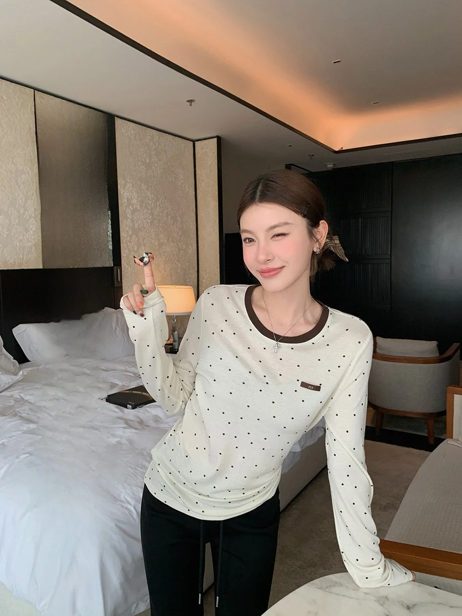 

Ibell Zhang Beibei Silk Wool Long Sleeve T-Shirt round Neck Casual Inner Wear Top Vintage Polka Dot Color Block Design