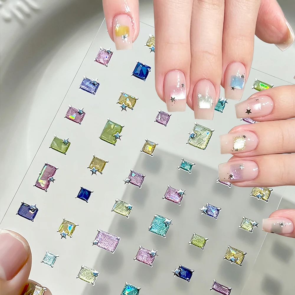 1Pcs Shiny Sugar Cube & Little Star Nail Sticker 3D Colorful Cat Eye Square Gem Self-Adhesive Nail Decals Glitter Gemstone Decor