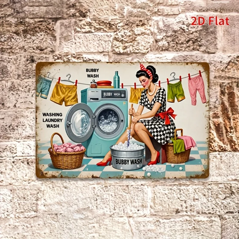 Vintage 1950er Jahre Waschküche Metall-Blechschild 20x30cm Retro Pin-Up Waschmaschine Wanddekoration Aluminium-Plakette Badezimmer Zuhause Café