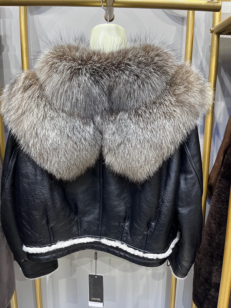 2024 Winter Women Genuine Leather Jacket Real Natural Merino Sheep Fur Real Fox Fur Collar Thick Warm Outerwear Female Coats