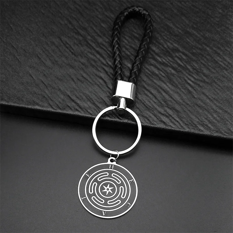 Greek Mythology Hecate Wheel Pu Lether Key Chains for Men Women Stainless Steel Silver Color Magic Symbol Key Ring Jewelry