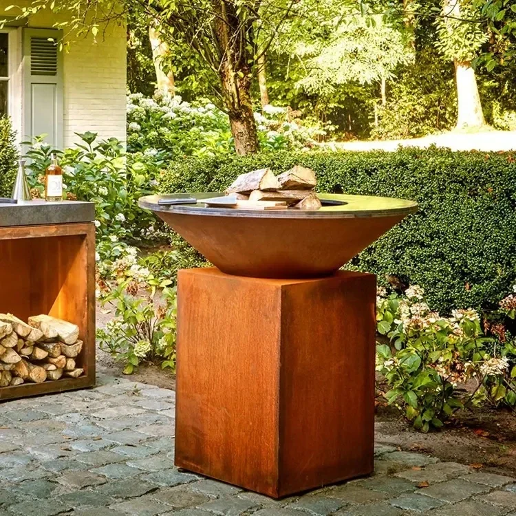 Corten steel metal bbq fire pit outdoor for backyard rusted bbq grill