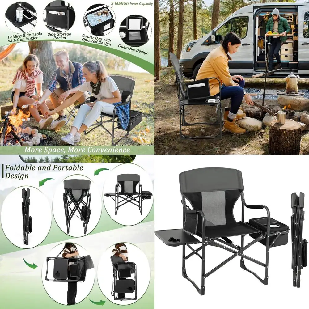 

Camping Chair with Side Table, Storage Pocket, Cooler Bag, Shoulder Strap, Handle, Support 400 Lbs, Folding Directors Chair for