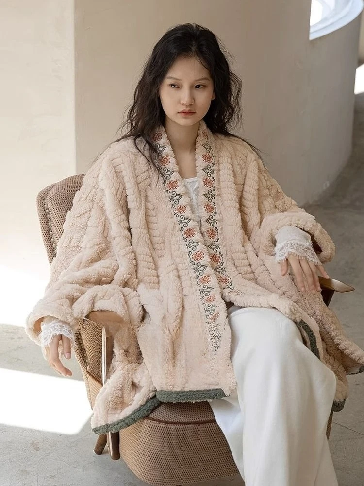 Retro Velvet Cardigan for Autumn and Winter  Loose Outer Layer Medium To Long Style Shawl Thick Cloak Nightgown Dress Jacket