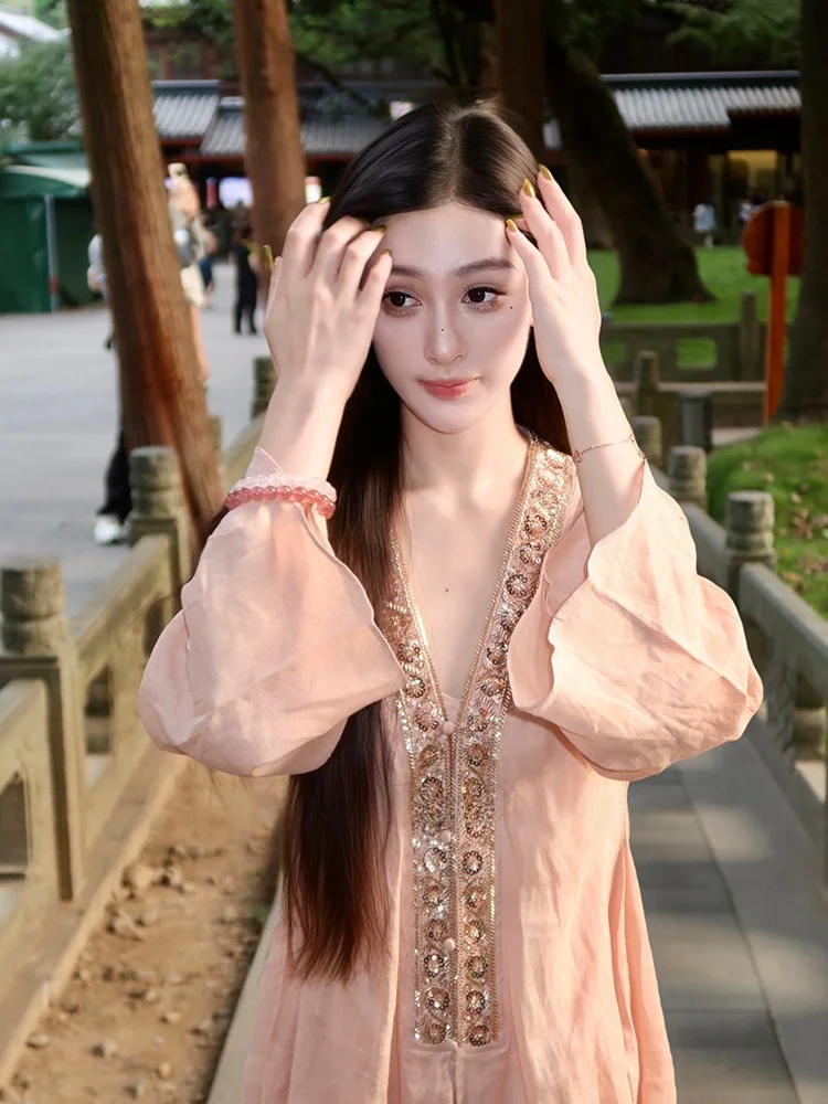 

Vacation Dress Women's High End Luxury Elegant Heavy Beading V-neck Loose Slimming Maxi Skirt Long Dress Holiday Style